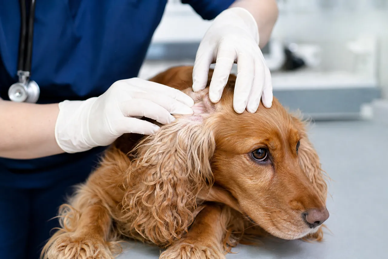 Veterinário examinando a pele de um cão com dermatite alérgica