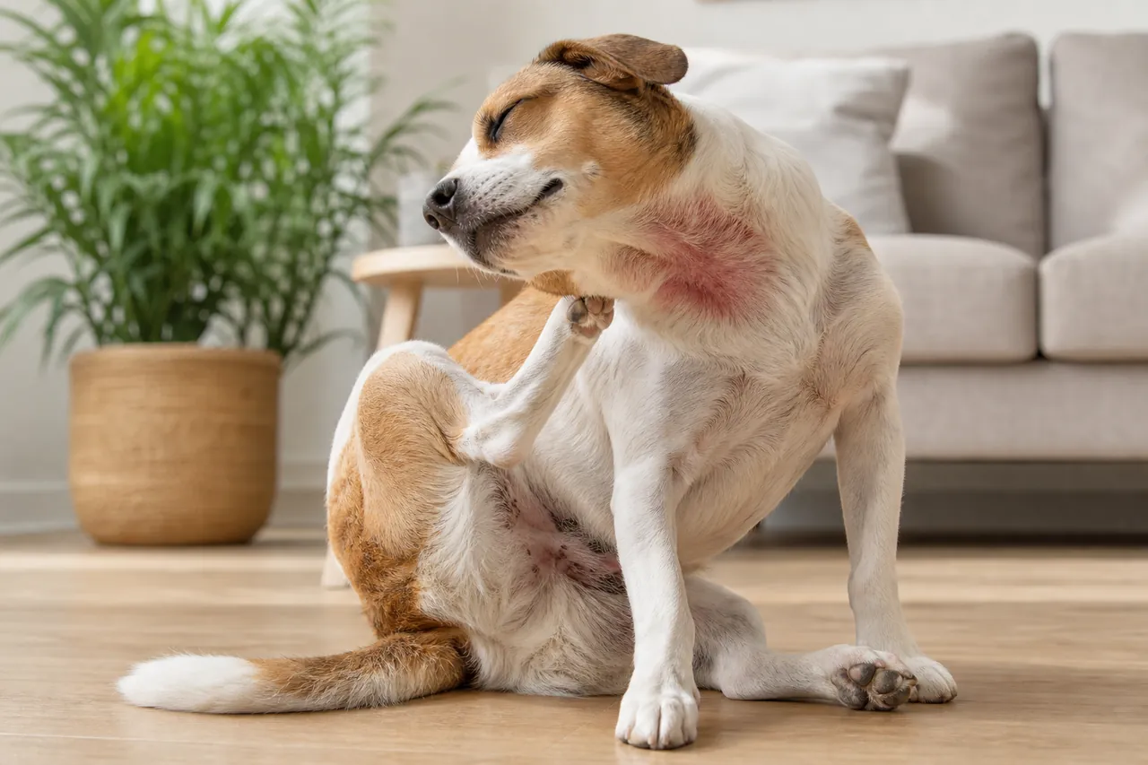 Cão se coçando por dermatite atópica, alergia de pele tratada com Atopica (ciclosporina)