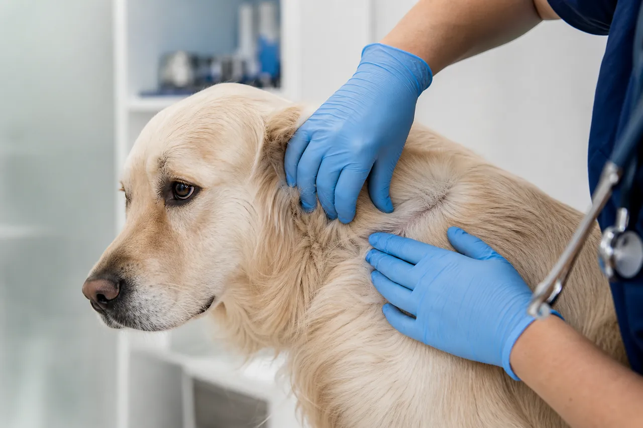 Veterinário examinando a pele de um cão com dermatite atópica