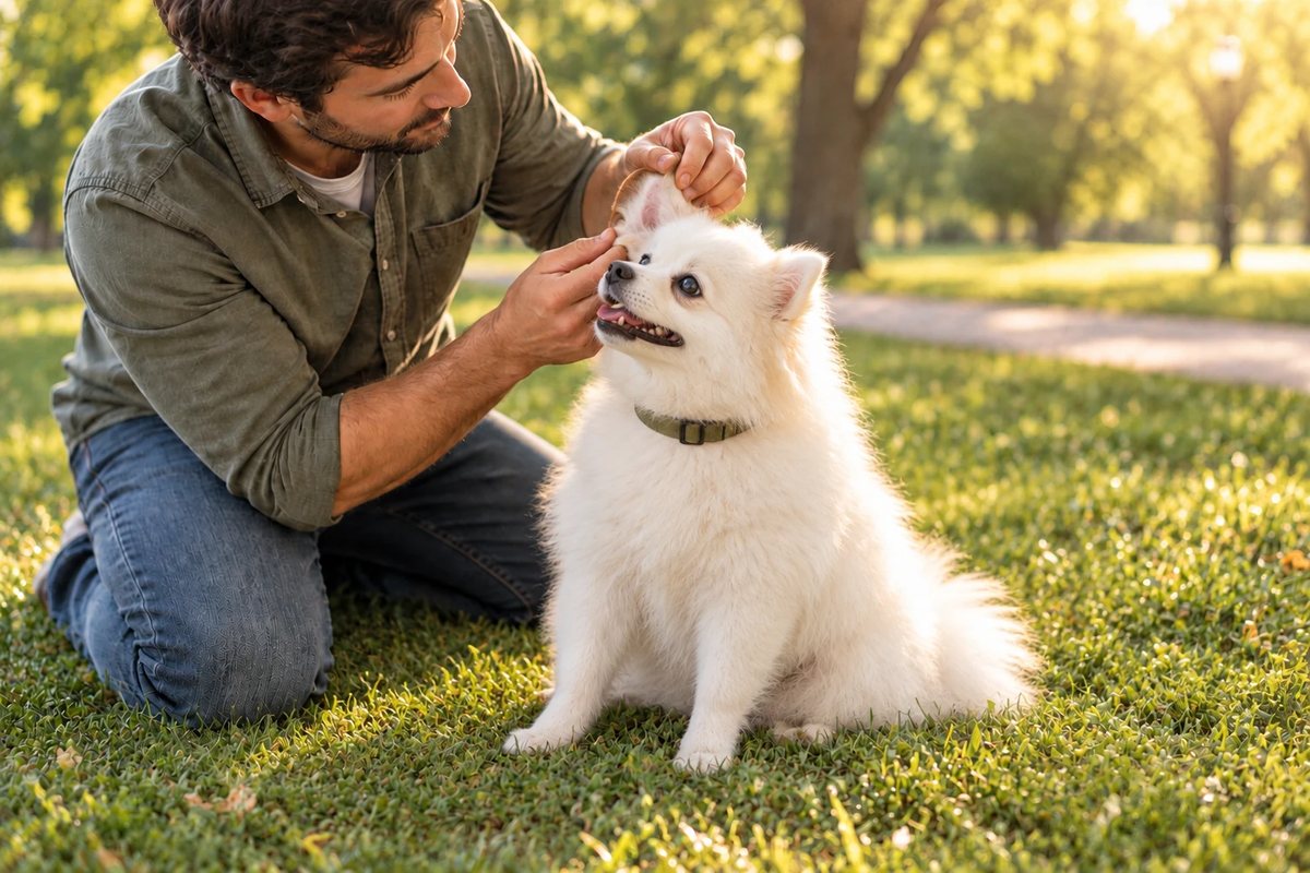 Tutor examinando a orelha de um lulu da pomerânia branco à procura de carrapatos, no parque