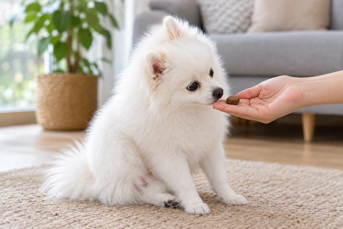 Lulu da pomerânia branco cheirando um comprimido mastigável antipulgas na palma da mão da tutora