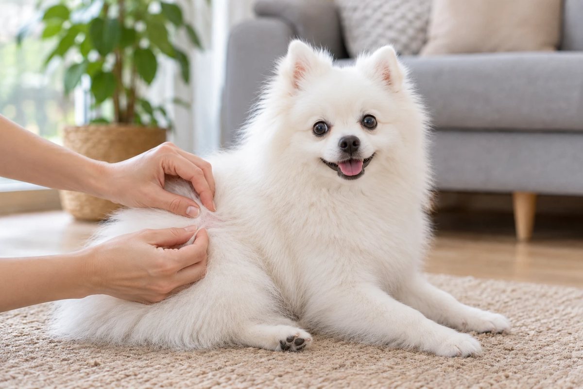 Tutora abrindo o pelo de um lulu da pomerânia branco para procurar pulgas, no tapete da sala