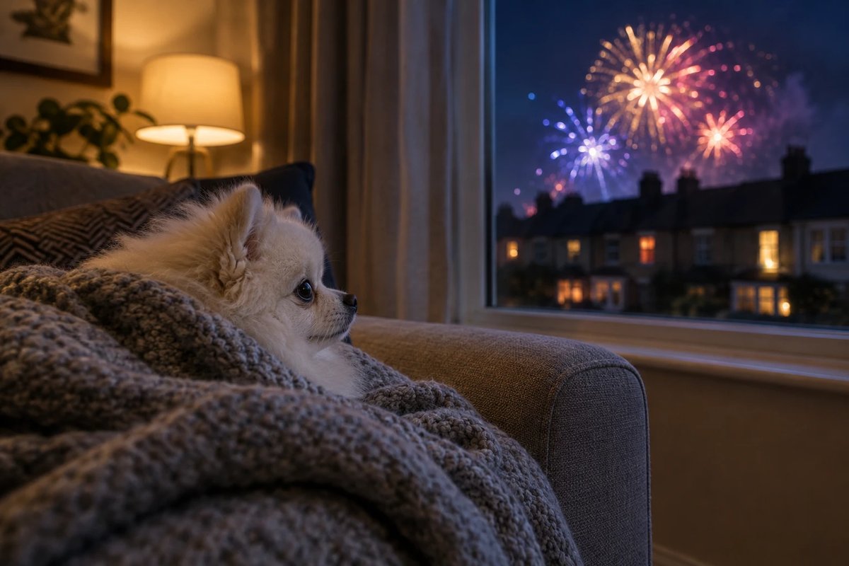 Lulu da pomerânia branco escondido debaixo de uma manta no sofá enquanto fogos de artifício iluminam a janela à noite