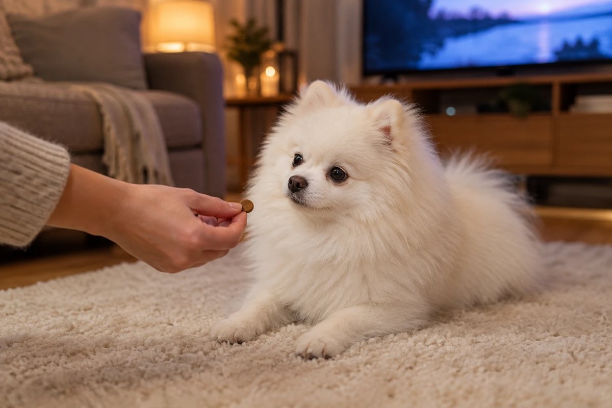Mão de tutora oferecendo um petisco a um lulu da pomerânia branco tranquilo deitado no tapete da sala