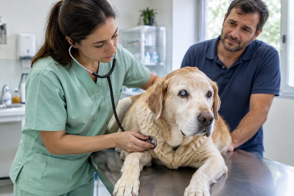 Veterinária examinando um cão labrador idoso na mesa do consultório, com o tutor ao lado